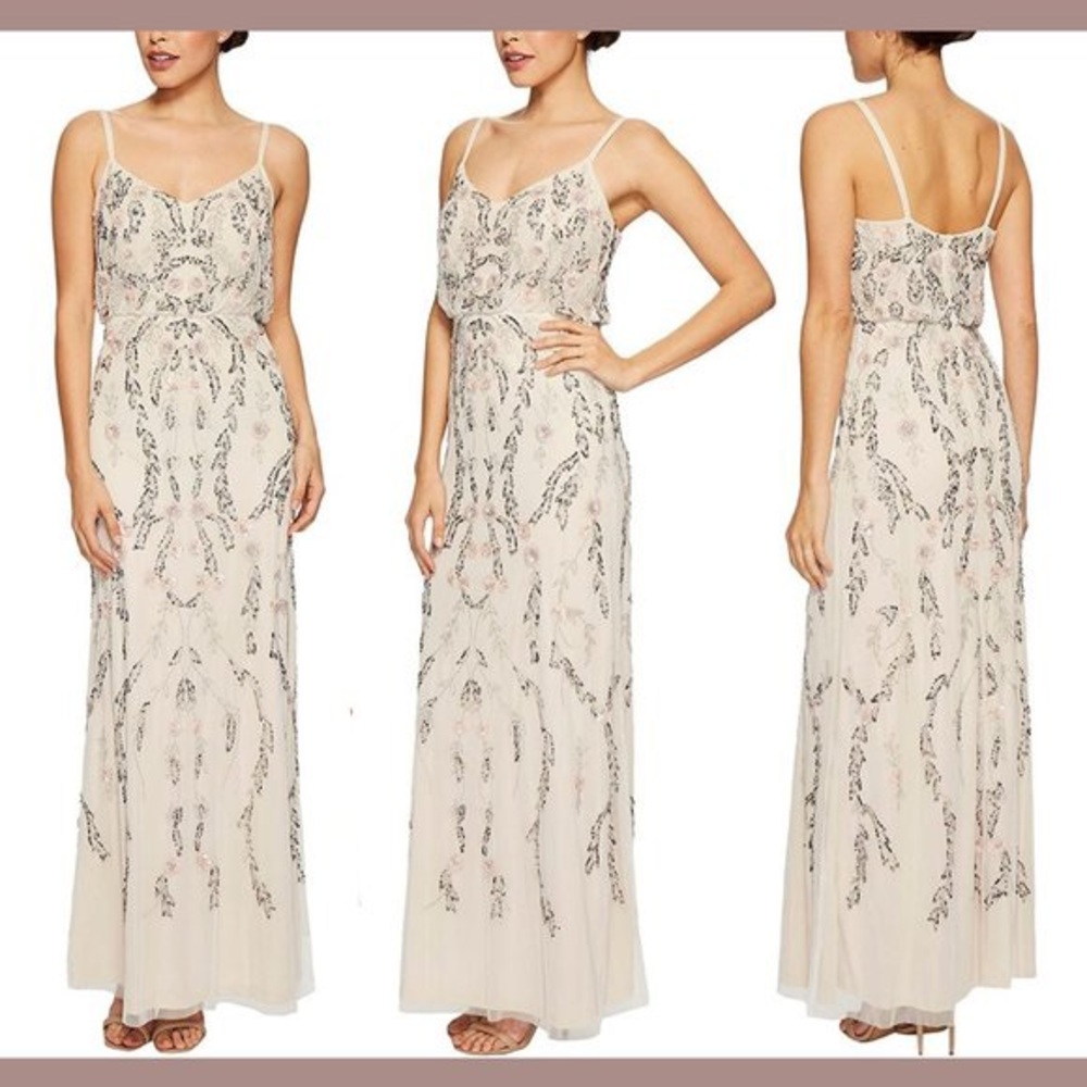 Adrianna Papell Floral Beaded Mesh Blouson Gown in Ivory size 16